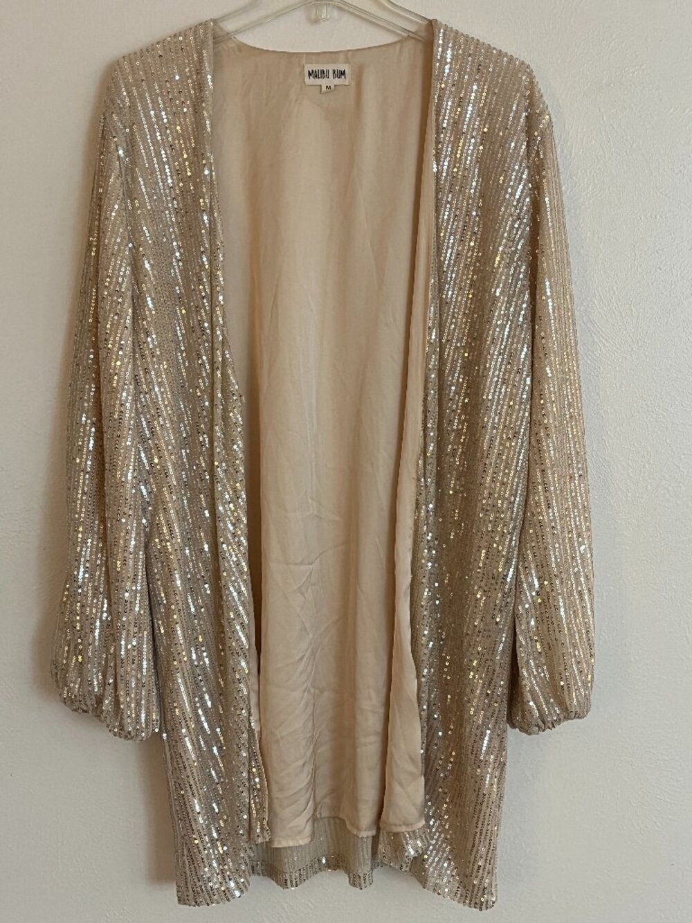 Malibu Bum Gold Champagne Sequin Open Front Lined Duster Size M Dressy Cocktail